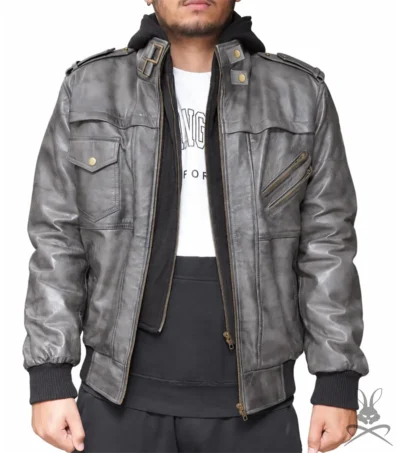 Shop Mens Grey Hooded Leather Bomber Jacket
