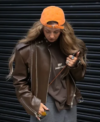 Street Style 2026 Maureen Moores Brown Leather Bomber Jacket Closeup