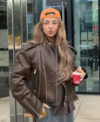 Street Style 2026 Maureen Moores Brown Leather Bomber Jacket Right