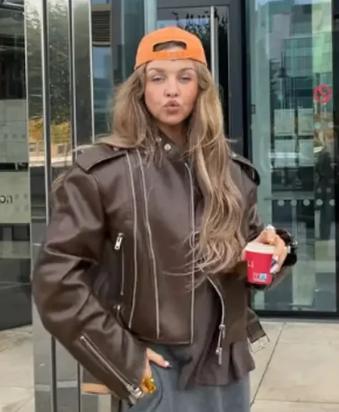 Street Style 2026 Maureen Moores Brown Leather Bomber Jacket Right
