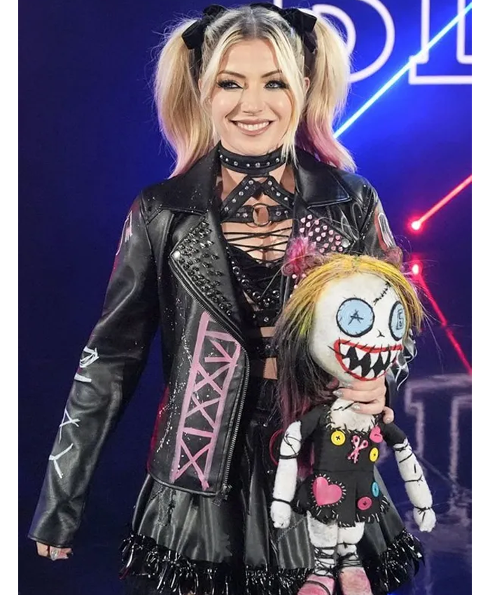 WWE SmackDown American Wrestler Alexa Bliss Black Leather Studded Biker Jacket Front