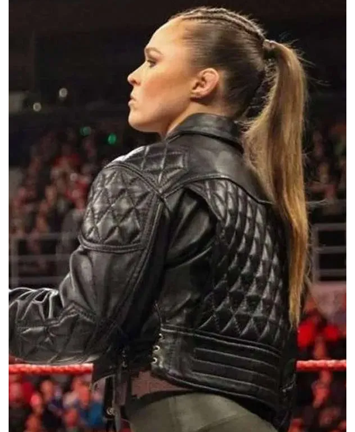 WWE Smackdown Ronda Rousey Wrestler Quilted Black Leather Jacket Back