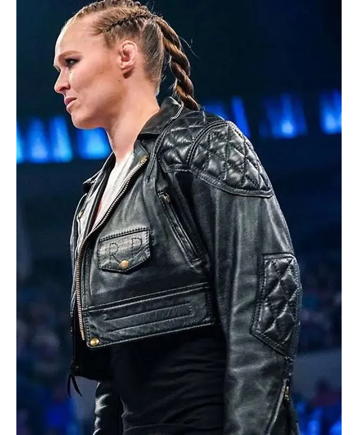 WWE Smackdown Ronda Rousey Wrestler Quilted Black Leather Jacket Right
