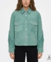 Womens Aquifer Green Cropped Suede Leather Jacket with Western Fringe