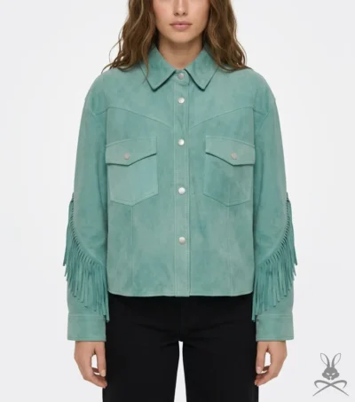 Womens Aquifer Green Cropped Suede Leather Jacket with Western Fringe