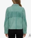 Womens Aquifer Green Cropped Suede Leather Jacket with Western Fringe back