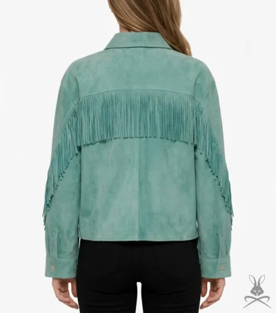 Womens Aquifer Green Cropped Suede Leather Jacket with Western Fringe back
