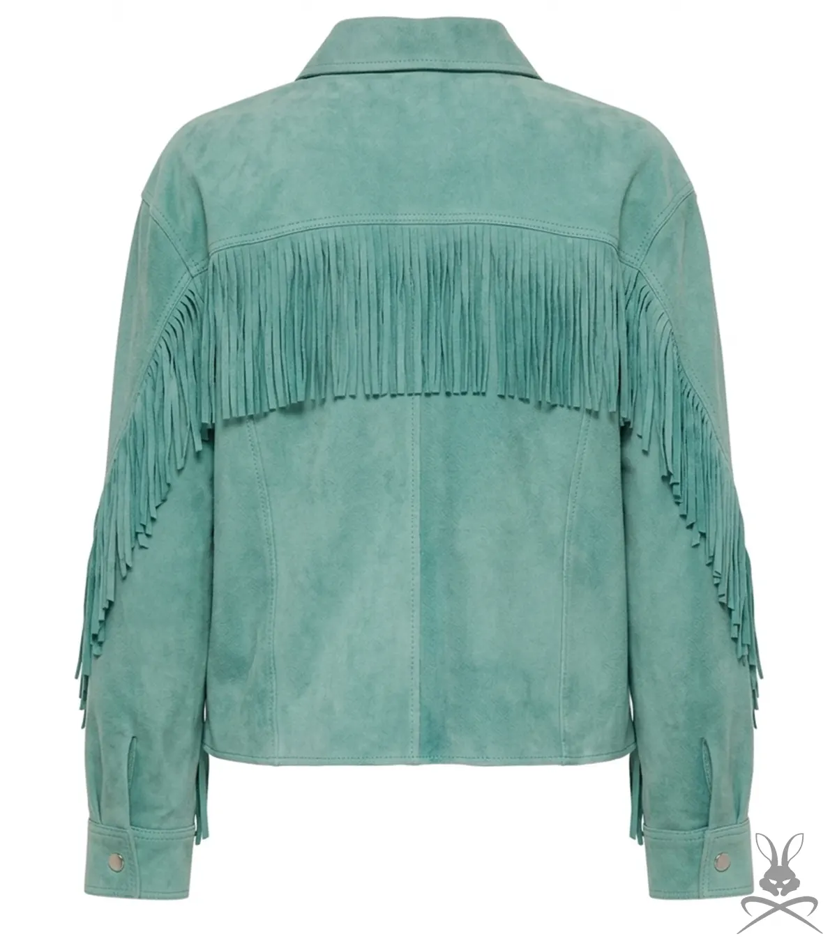 Womens Aquifer Green Cropped Suede Leather Jacket with Western Fringe back view