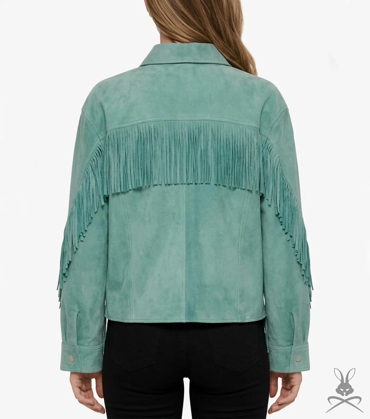 Womens Aquifer Green Cropped Suede Leather Jacket with Western Fringe back
