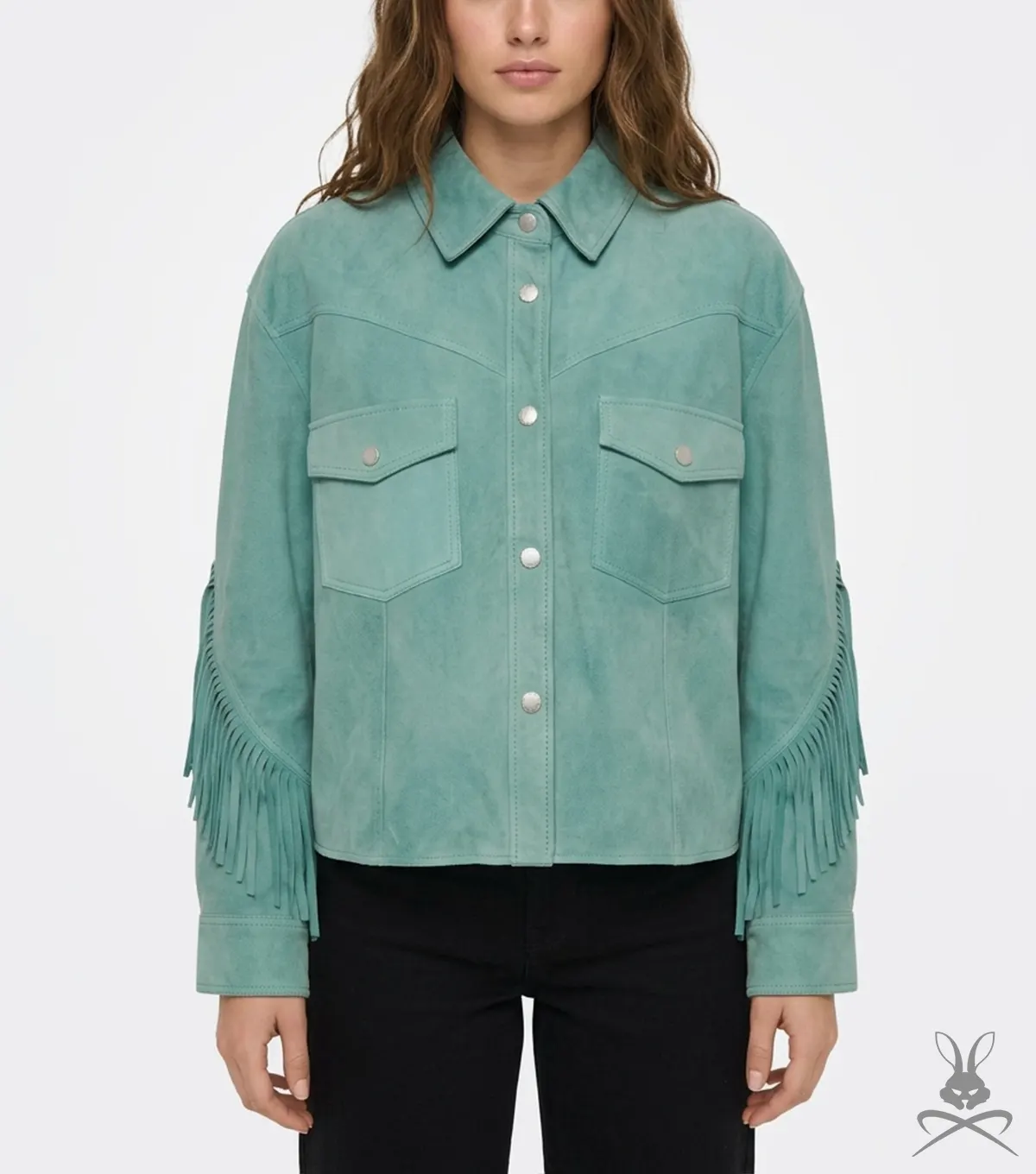 Womens Aquifer Green Cropped Suede Leather Jacket with Western Fringe