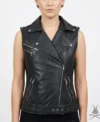 Womens Black Belted Motorcycle Leather Vest with Silver Zippers