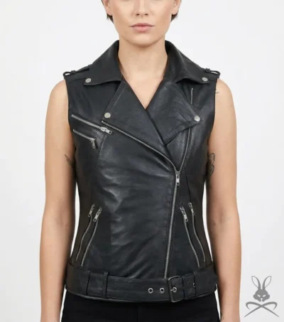 Womens Black Belted Motorcycle Leather Vest with Silver Zippers