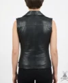 Womens Black Belted Motorcycle Leather Vest with Silver Zippers back