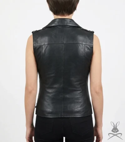 Womens Black Belted Motorcycle Leather Vest with Silver Zippers back