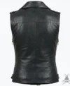 Womens Black Belted Motorcycle Leather Vest with Silver Zippers back view