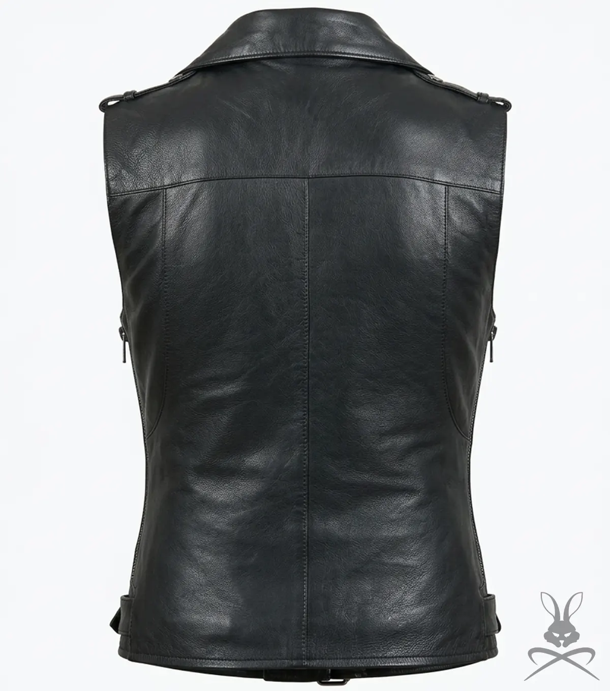 Womens Black Belted Motorcycle Leather Vest with Silver Zippers back view