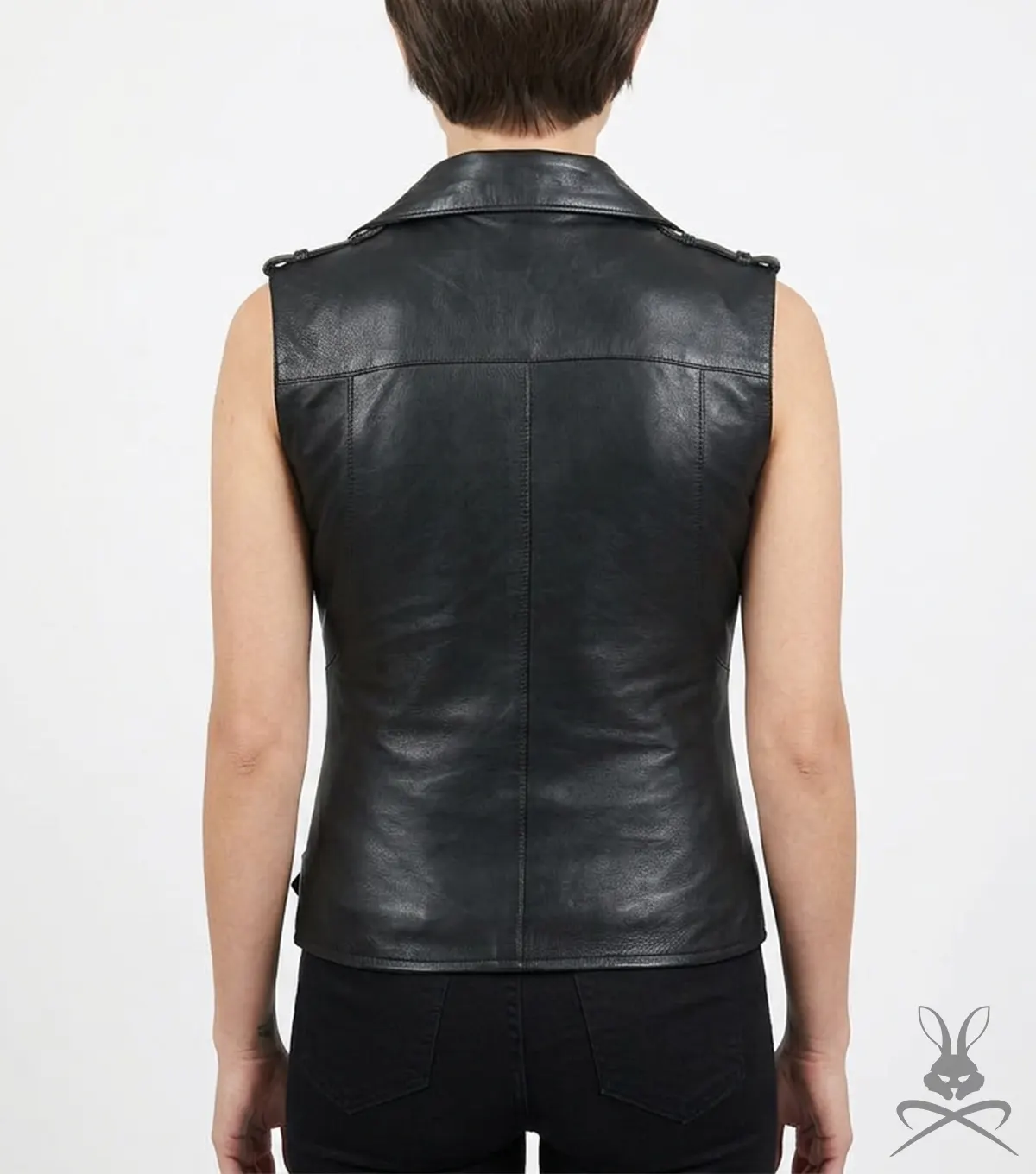 Womens Black Belted Motorcycle Leather Vest with Silver Zippers back
