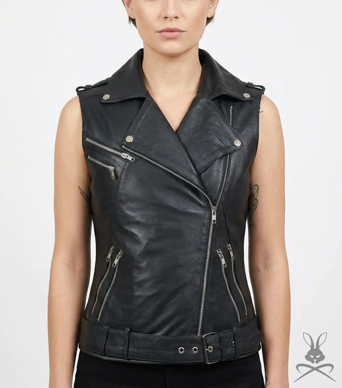 Womens Black Belted Motorcycle Leather Vest with Silver Zippers