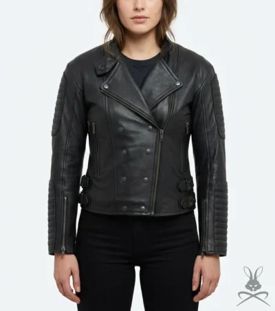 Womens Black Double Breasted Quilted Moto Leather Jacket