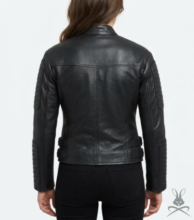 Womens Black Double Breasted Quilted Moto Leather Jacket back