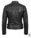 Womens Black Double Breasted Quilted Moto Leather Jacket back view