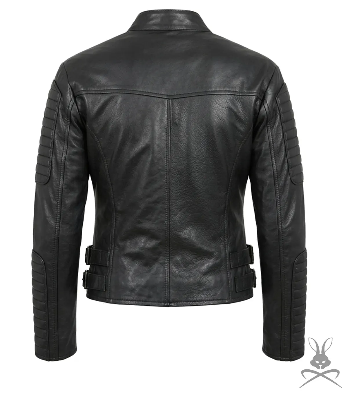 Womens Black Double Breasted Quilted Moto Leather Jacket back view