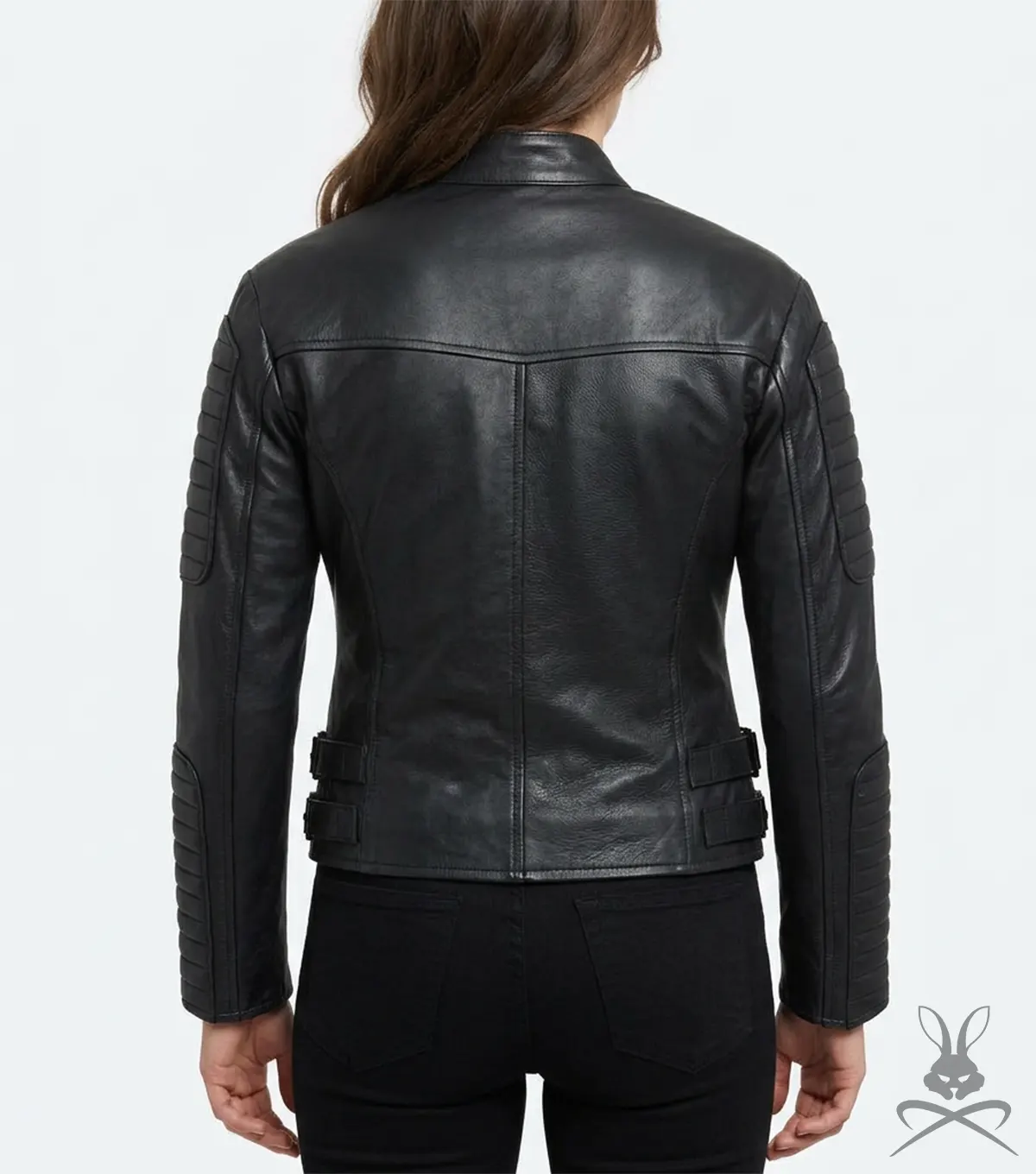 Womens Black Double Breasted Quilted Moto Leather Jacket back