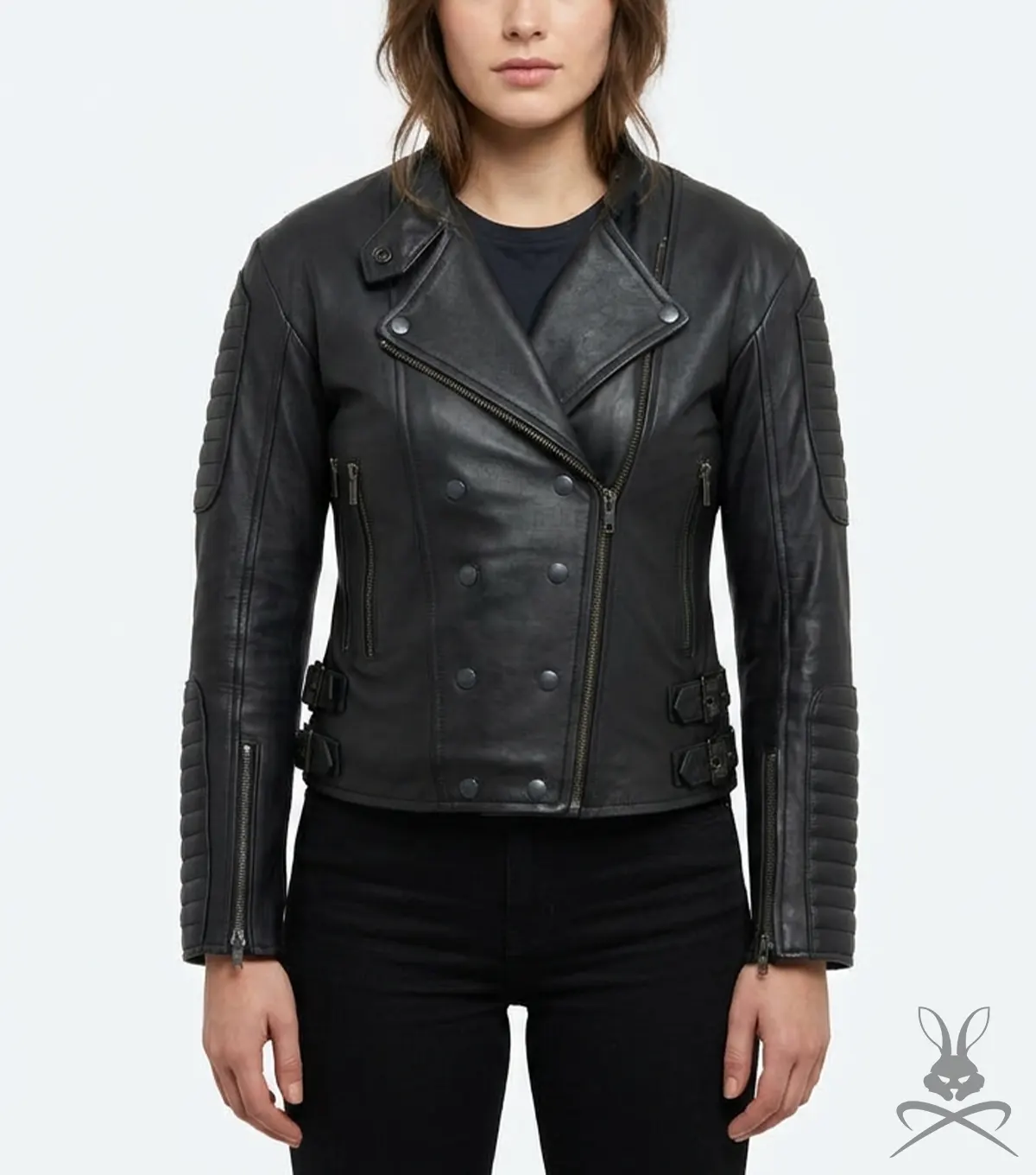 Womens Black Double Breasted Quilted Moto Leather Jacket