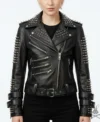 Womens Black Silver Spiked Studded Real Leather Biker Jacket