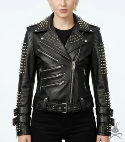 Womens Black Silver Spiked Studded Real Leather Biker Jacket