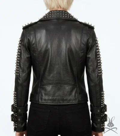 Womens Black Silver Spiked Studded Real Leather Biker Jacket back
