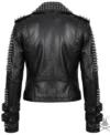 Womens Black Silver Spiked Studded Real Leather Biker Jacket back pose