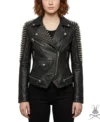 Womens Black Spike Studded Leather Biker Jacket