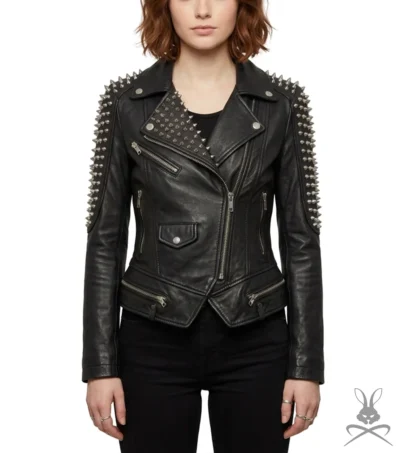 Womens Black Spike Studded Leather Biker Jacket