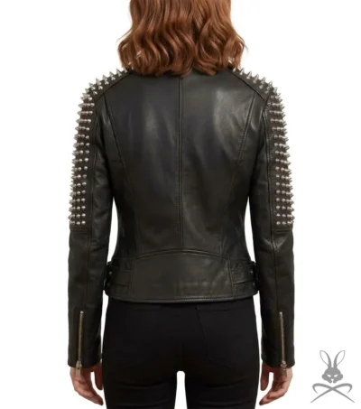 Womens Black Spike Studded Leather Biker Jacket back