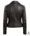 Womens Black Spike Studded Leather Biker Jacket back view