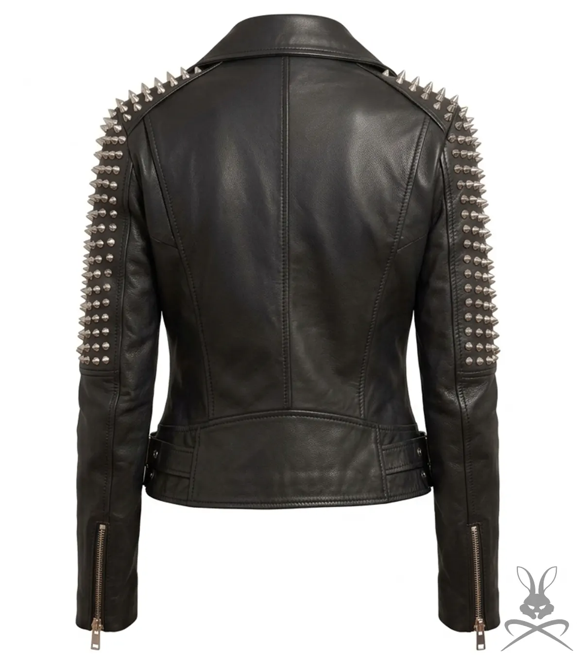 Womens Black Spike Studded Leather Biker Jacket back view