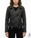 Womens Black Studded Smooth Leather Biker Jacket