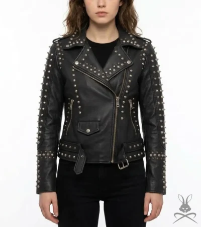 Womens Black Studded Smooth Leather Biker Jacket