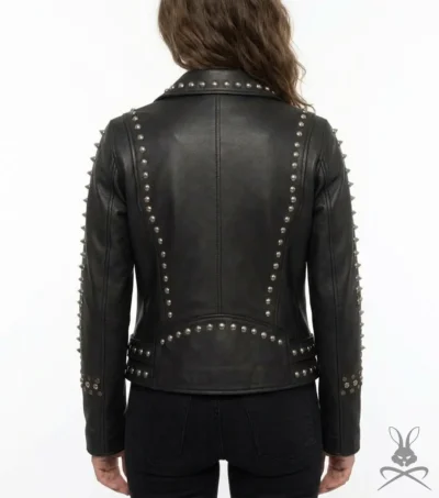 Womens Black Studded Smooth Leather Biker Jacket back