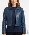 Womens Blue Cropped Leather Jacket
