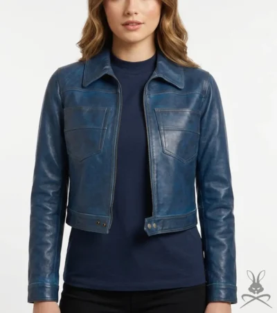Womens Blue Cropped Leather Jacket
