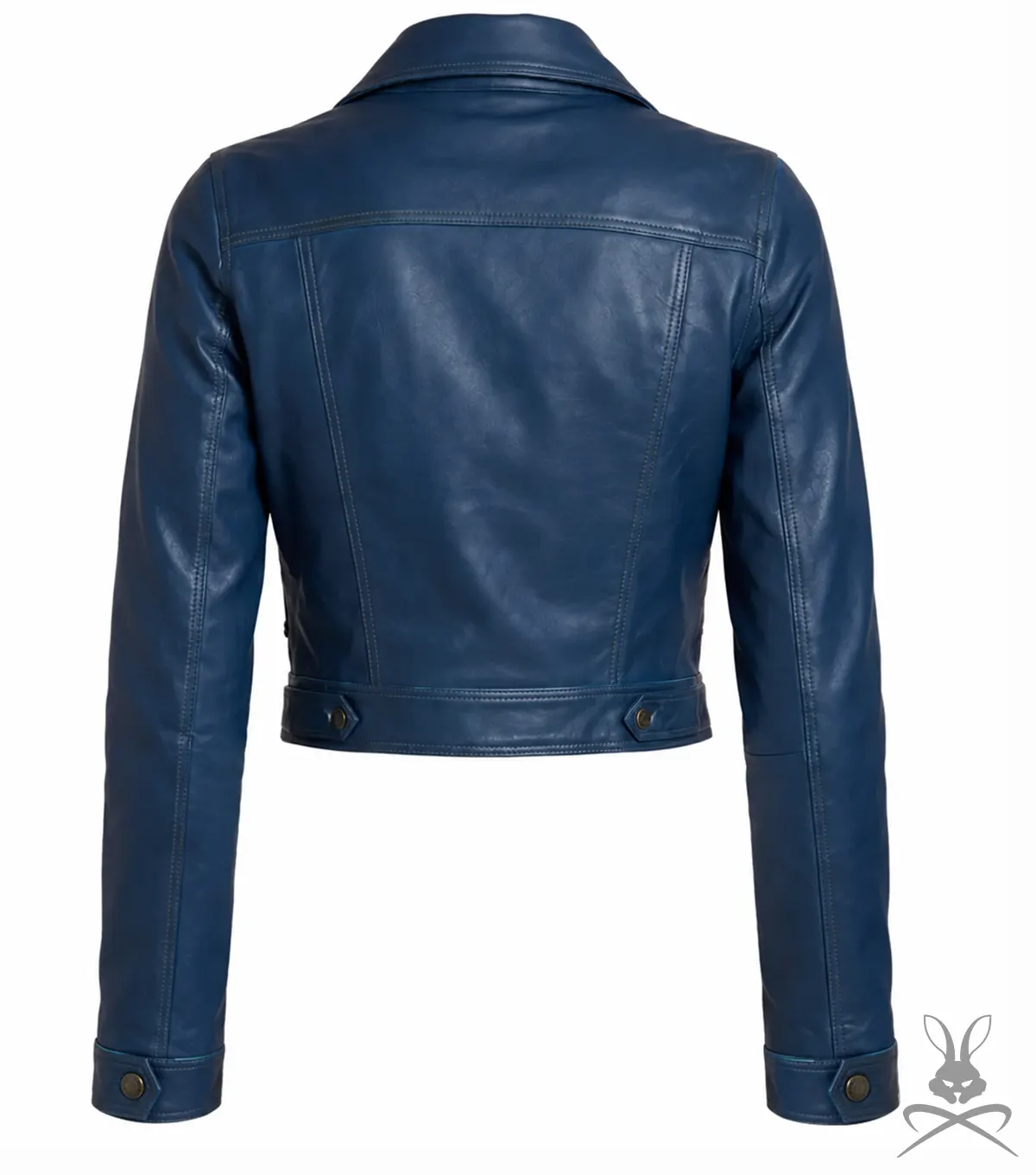 Womens Blue Cropped Leather Jacket back view