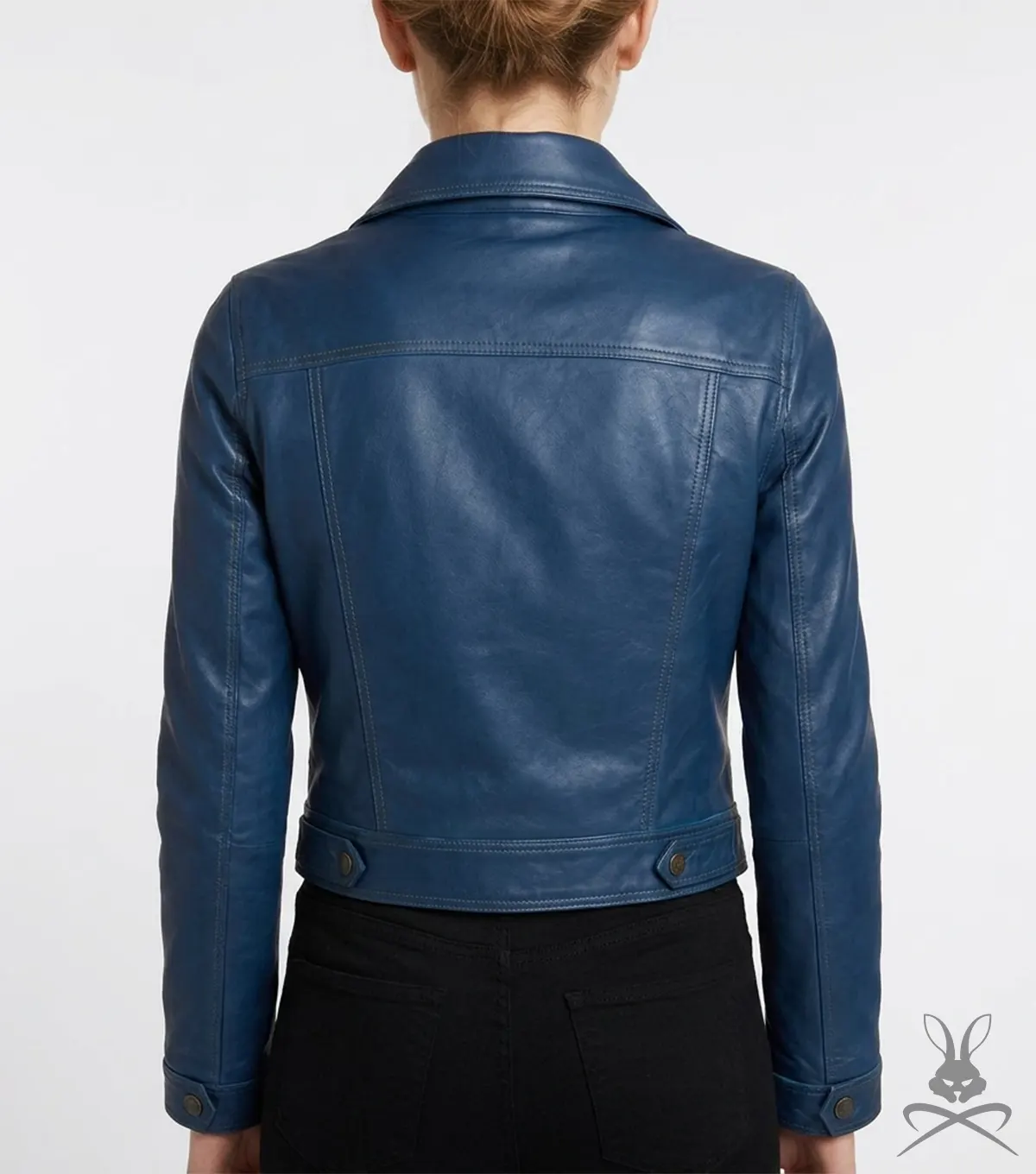 Womens Blue Cropped Leather Jacket back