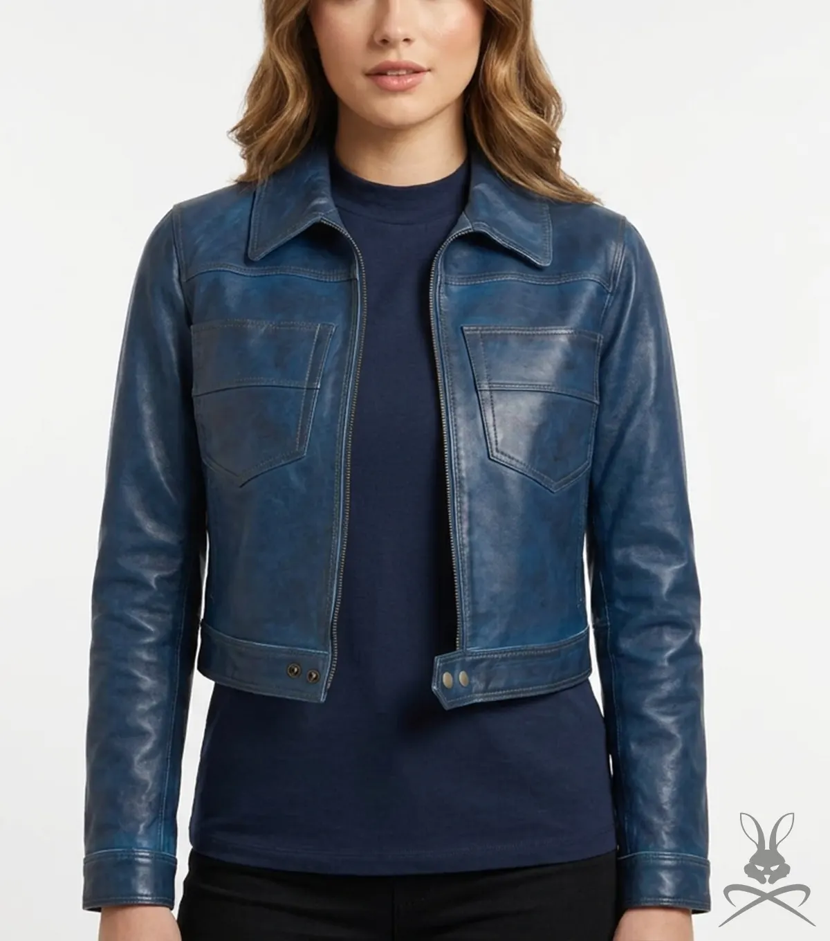 Womens Blue Cropped Leather Jacket