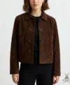 Womens Brown Cropped Boxy Suede Leather Jacket