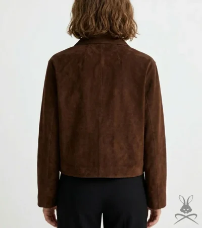 Womens Brown Cropped Boxy Suede Leather Jacket back
