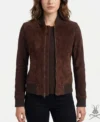 Womens Brown Leather Suede Bomber Jacket