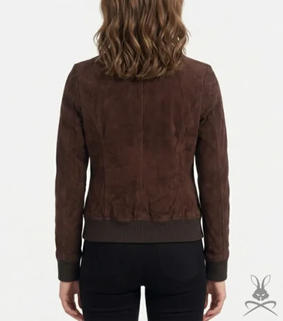 Womens Brown Leather Suede Bomber Jacket back