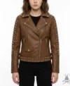 Womens Brown Studded Leather Biker Jacket